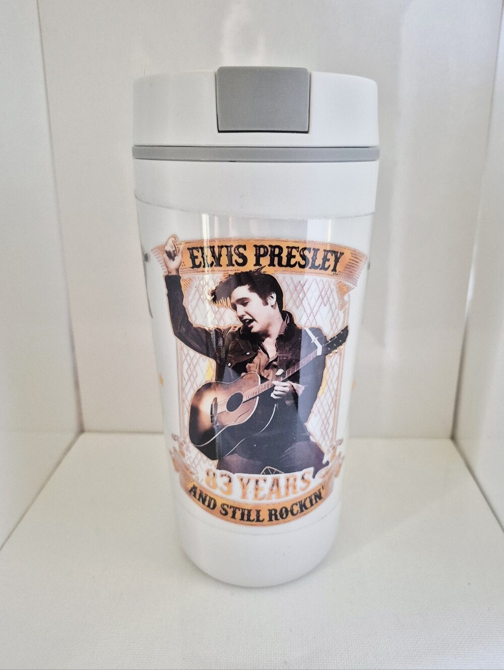 Elvis Presley insulated travel 20oz mug tumbler white grey lid Custom